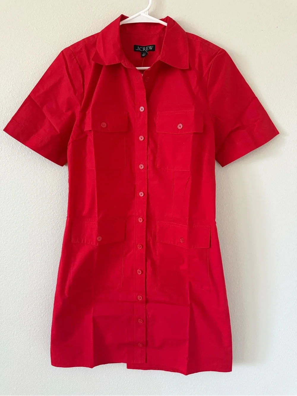 J. Crew Vibrant Red Short-Sleeve Utility Shirt Dress